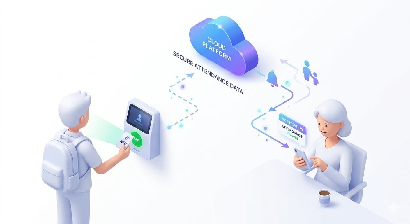 Minimal NFC attendance check-in illustration for Skulnex